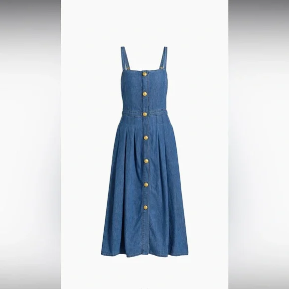NWT L’Agence Denim Pleated Esmeralda Dress Button Front Blue Jean Stokes Sz 2 - Picture 3 of 5